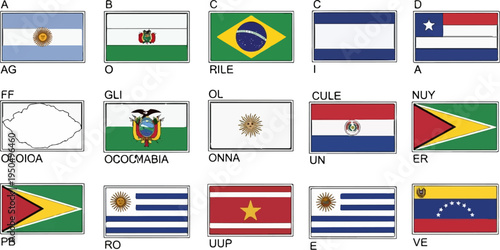 Various national flags and a territorial outline are displayed in a grid