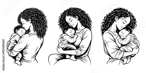 Mother Holding Newborn Baby, Tender Motherhood Line Art Illustration Set