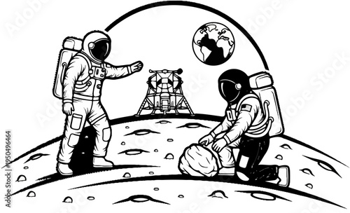 Two astronauts explore the lunar surface near a lander with Earth in the sky