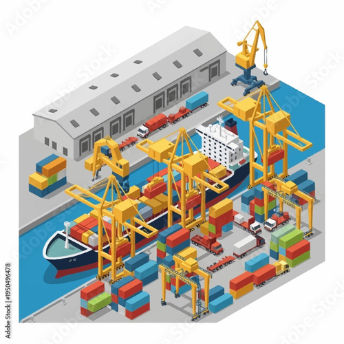 Container Ship Loading and Unloading at Port Terminal.