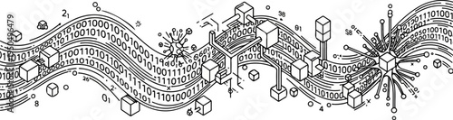 Abstract digital data flow with cubic nodes and binary code streams