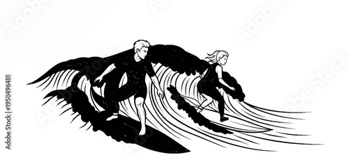 Two surfers, a male and a female, ride a powerful black wave