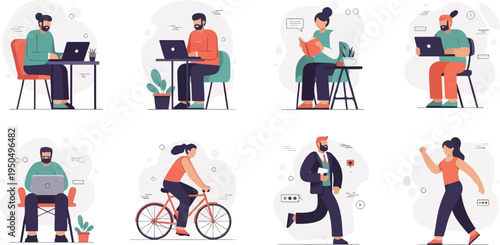 Diverse people engaged in work, leisure, and active pursuits with laptops and bikes