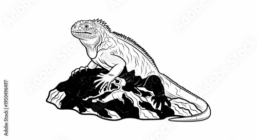 Detailed line drawing of a lizard perched on a dark, rocky surface