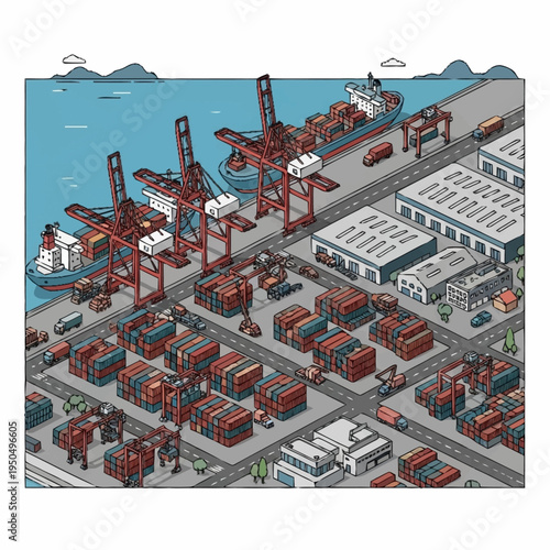 Isometric Port Cranes Loading Cargo Ships with Shipping Containers.