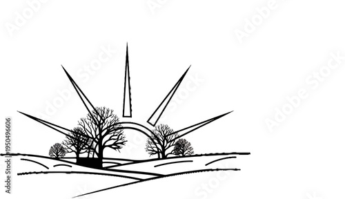 Stylized sun over rolling hills with bare trees, graphic nature scene