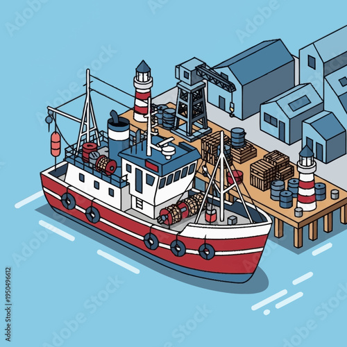 Isometric Fishing Boat Docked at Harbor with Lighthouse.