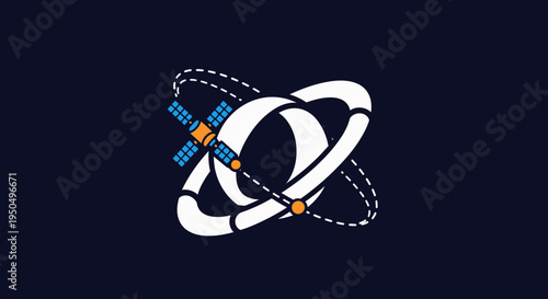 Abstract illustration of a satellite orbiting a celestial body in dark space