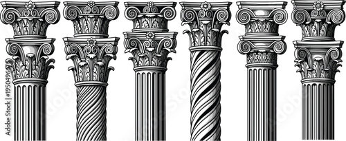 Classical Greek columns collection, Corinthian architecture pillars set, antique stone capitals, ancient temple architecture, decorative historic columns