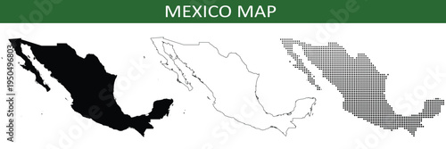 A detailed map of Mexico in black, outline and halftone dots style vector illustration.