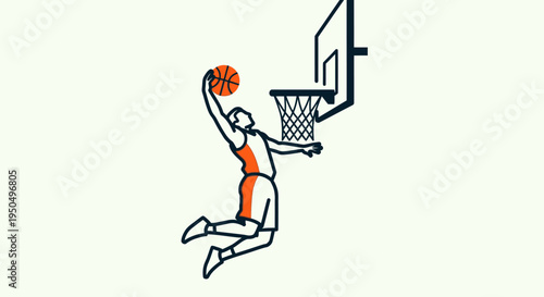 Basketball player performing a slam dunk with graphic outline on white background