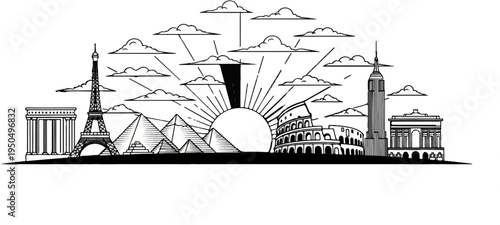 A global skyline featuring iconic landmarks under a stylized sun and clouds