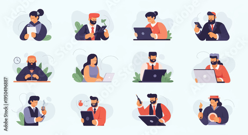 A grid of twelve stylized individuals engaged in various activities, mostly using devices