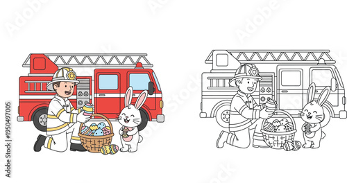 Firefighter and Easter bunny with eggs basket by a fire truck. Color and line art coloring page.