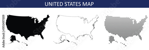 United States map in black, outline and halftone dots style vector illustration.