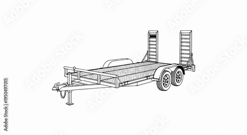 A black and white sketch of a dual-axle utility trailer with ramps