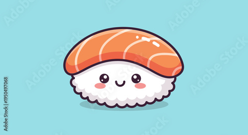 Cute Salmon Nigiri Sushi Character with Smiling Face on Blue Background