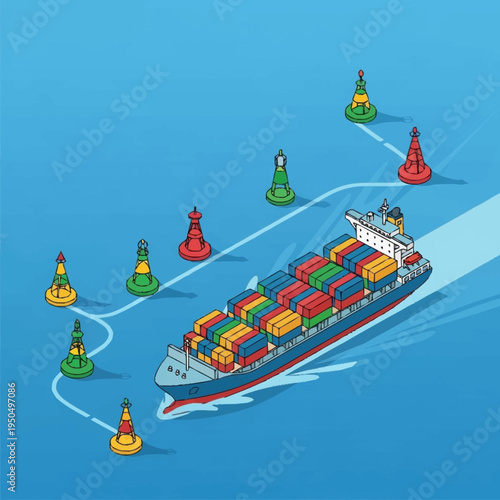Container Ship Navigating Through Buoys in Open Water.