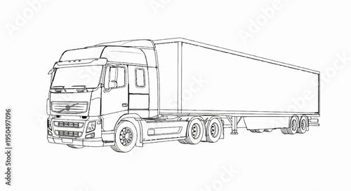 A black and white sketch of a semi-trailer truck on a white background