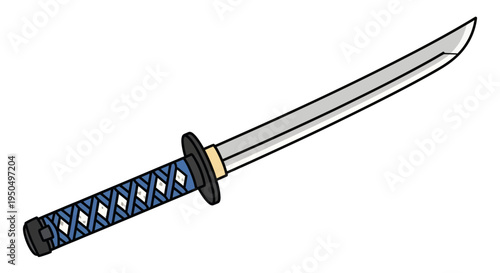 Japanese Katana Sword Illustration, Samurai Weapon with Blue Handle