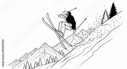 A skier leaps through the air over snowy mountains, with trees in the background