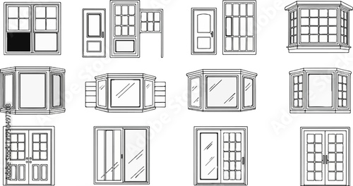 A collection of detailed line drawings of various window and door designs