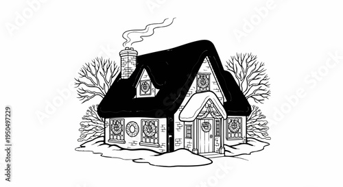 A charming cottage in the snow with wreaths and smoke from chimney