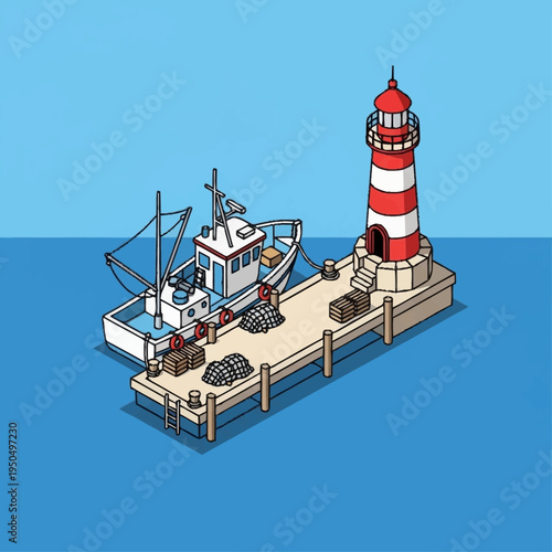 Isometric Fishing Boat Docked Beside A Lighthouse.