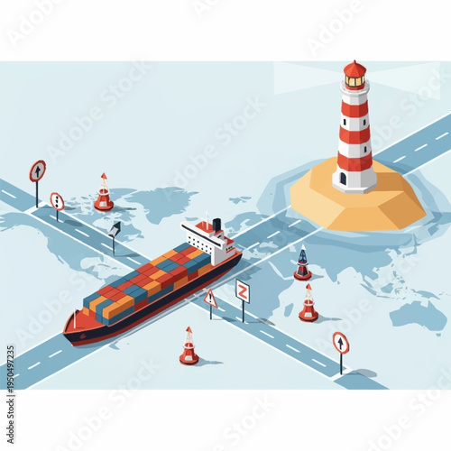 Container Ship Navigating Through Maritime Channels.