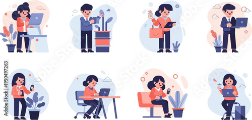 Diverse business professionals engaged in daily tasks, indoors and outdoors