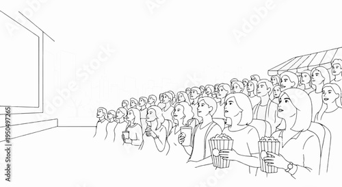 A crowd of people watch an outdoor movie screen with popcorn in hand