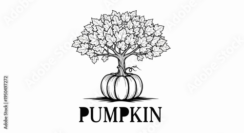 A stylized drawing shows a pumpkin with a tree growing from its top