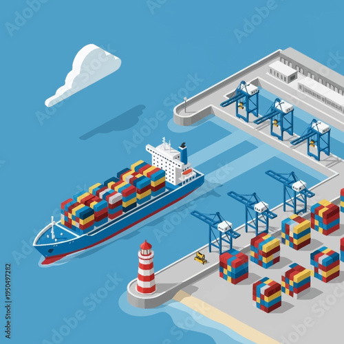Container Ship Docked at Industrial Port with Cranes and Cargo.