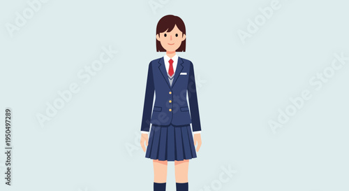 Japanese School Girl Uniform, Standing, Full Body, Blue Blazer, Red Tie