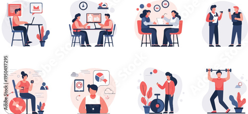 Diverse activities working, meeting, exercising, and creative pursuits