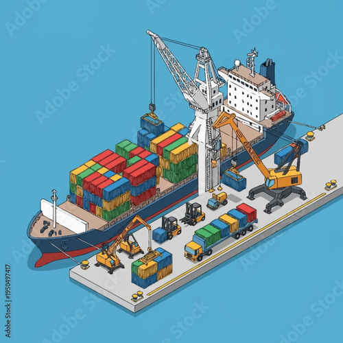 Container Ship Loading and Unloading at Port Terminal.