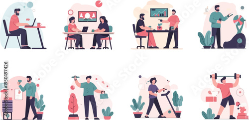 Diverse scenes of modern life work, meetings, and fitness routines