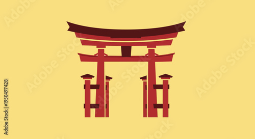 Red Torii Gate Icon on Yellow Background - Japanese Culture Symbol