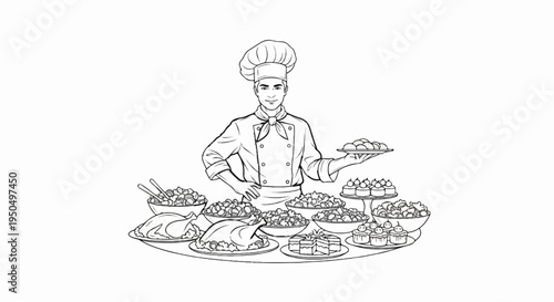 Chef presenting a buffet of roasted poultry, salads, cakes, and pastries