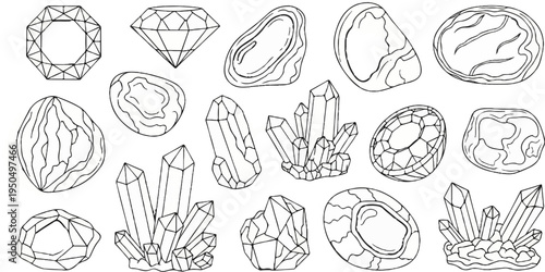 Collection of various natural gemstones and crystal formations, hand-drawn