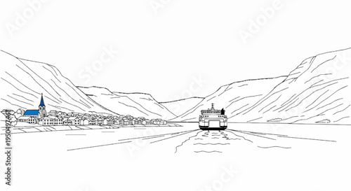 Coastal village with a church nestles between mountains; ferry approaches