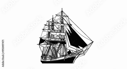 A detailed black and white drawing of a sailing ship with full sails