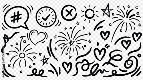 A collection of handdrawn doodle elements including hashtags clocks crosses suns stars fireworks hearts and abstract lines isolated on transparent background