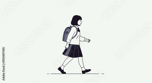 School Girl Walking with Backpack, Minimalist Animation Style