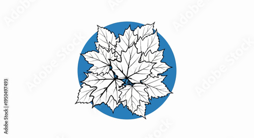 Black and white maple leaves arranged in a circular pattern against a blue circle
