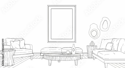 Cozy living room scene with a sofa, armchair, coffee table, and wall art