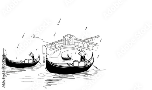 Gondolas pass under a stone arched bridge in light rain