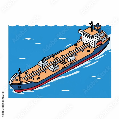 Illustration of a large cargo ship sailing on the ocean.
