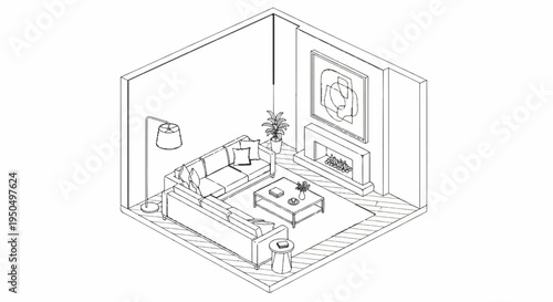 Isometric sketch of a cozy living room with fireplace and seating
