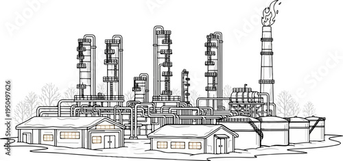 Industrial complex with a flare stack emitting fire, industrial buildings covered in snow